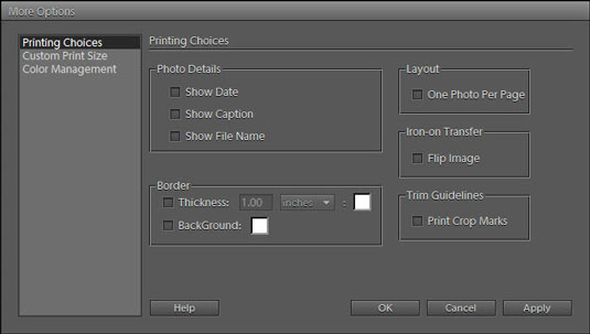 The More Options dialog box provides additional options for printing photos.