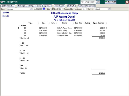 The Accounts Payable Detail report provides a listing of all outstanding bills, the dates the bills