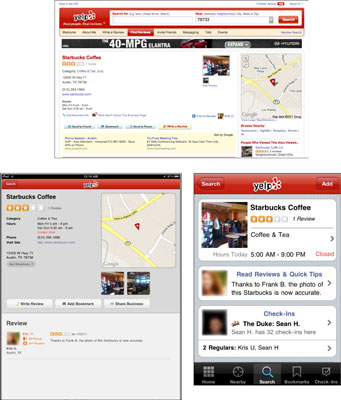 A location-based service page on a MacBook Pro, iPad, and iPhone, respectively.