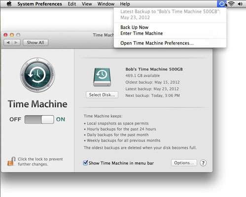 The Time Machine System Preferences pane and menu.