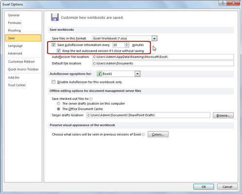 Change AutoRecover settings in the Excel Options dialog box.