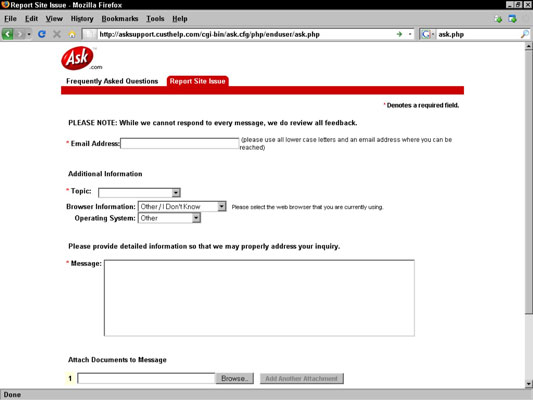 The Report Site Issue form lets you report spam to Ask.com.