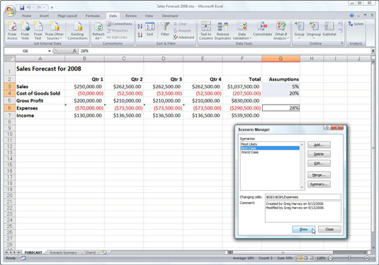 Use the Scenario Manager to add and switch to different scenarios in your worksheet.