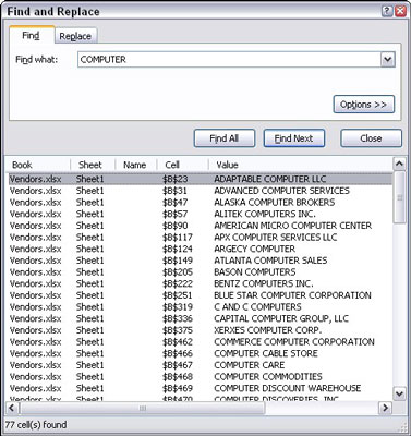 Use Find All to display a list of all found results in the Find and Replace dialog box.