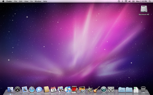 The Mac OS X Desktop after a brand-spanking-new installation of OS X.