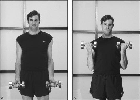 Keep your elbows close to your body while performing the dumbbell biceps curl. [Credit: Photograph