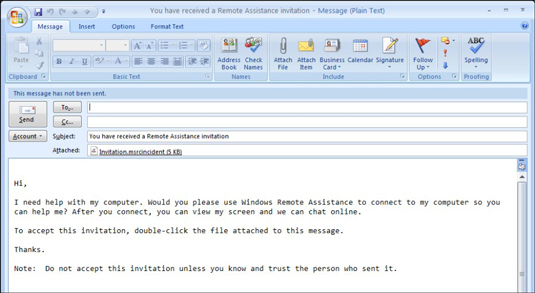 The default e-mail invitation generated by Windows Remote Assistance