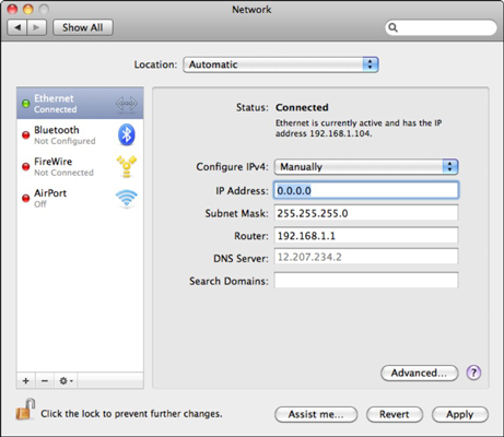 The Network settings for an Ethernet Internet connection.