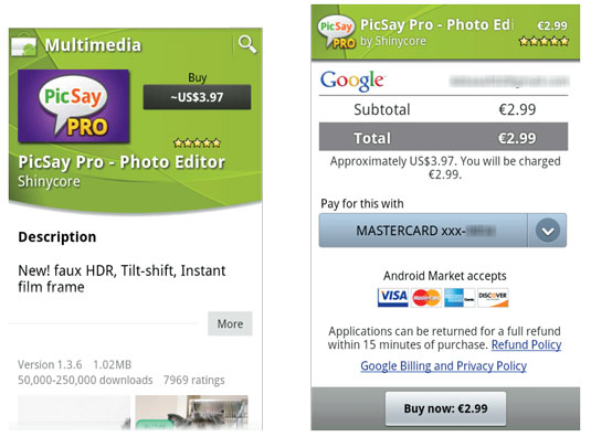 The estimated price for the PicSay Pro app listed in U.S. dollars (left); app prices show in their