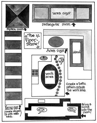 To reshape awkward spaces, use flooring materials to create designs.