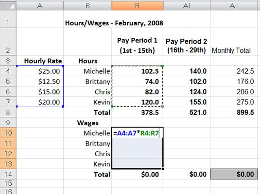 Building an array formula to calculate hourly wages for the first pay period.