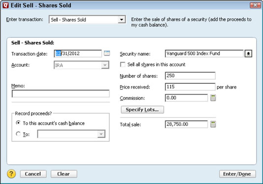 The Edit Sell – Shares Sold dialog box appears when you indicate you want to edit a shares so