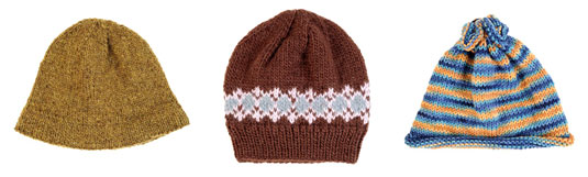 Three brim styles <i>(l to r)</i>: Hat A is hemmed; Hat B is ribbed; and the third is rolled stocki