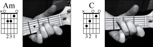 The Am and C chords. Notice that both chords contain open strings.
