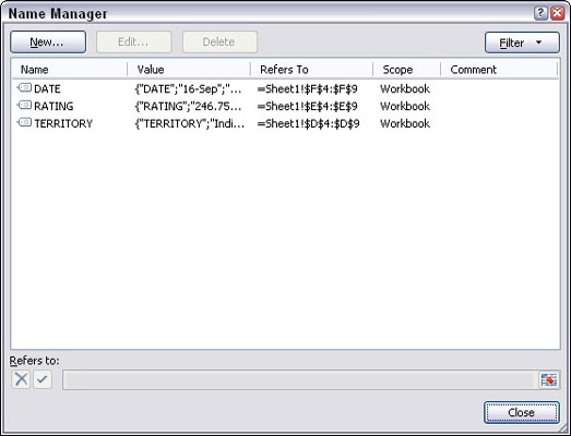 Use the Name Manager in Excel 2007 to add, edit, or delete range names.