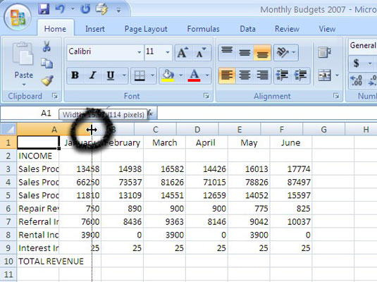 Drag a column boundary to manually change a column width.