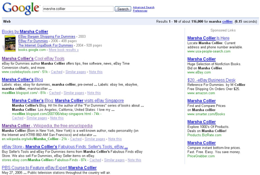 Google results for a search for Marsha Collier.