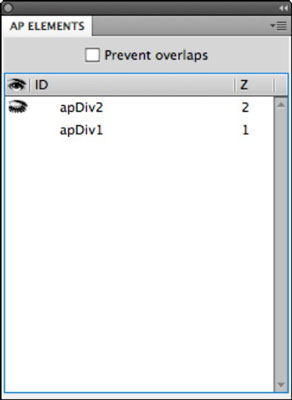 Use the AP Elements panel to select, hide, and rearrange AP Divs in your page.