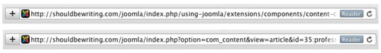 A URL with (top) and without (bottom) SEO enabled.