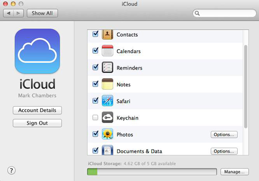 The iCloud pane appears within System Preferences.