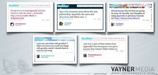 Tweets during the NJ Nets Gowalla ticket giveaway campaign in 2010.