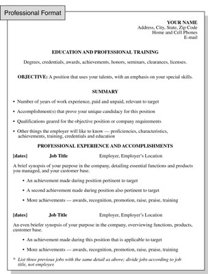 professional resume format examples. The professional resume is