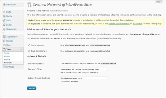 The Create a Network page is available only after you have enabled Networking for your site.