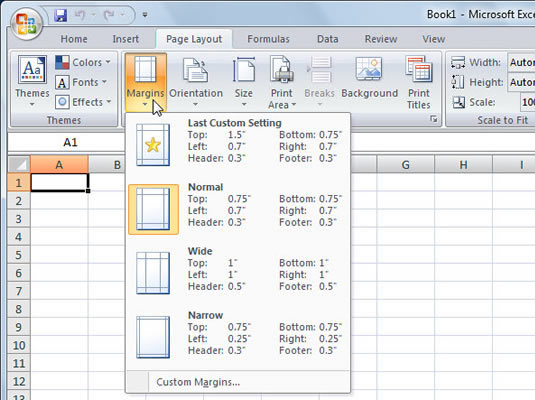 Excel 2007 provides a few margin presets on the Margins drop-down menu.