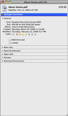 The General information panel appears first when you display the Info dialog.