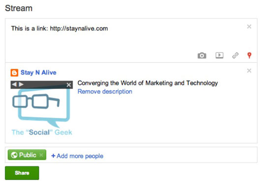 Sharing a link on Google+.