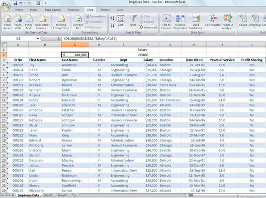 Using DSUM to total the salaries over $55,000 in an Employee database.