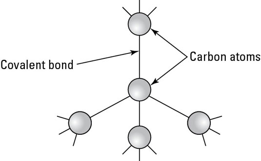 Each carbon atom bonds to four other carbon atoms to form a diamond.