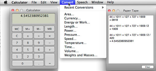 The Calculator (left), Convert menu (middle), and Paper Tape (right).