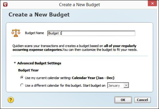 The Advanced Budget Setup window.
