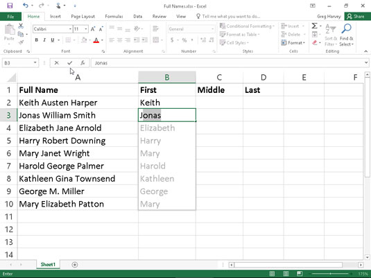 New data table containing full names that need to be split up in separate columns with Flash Fill.