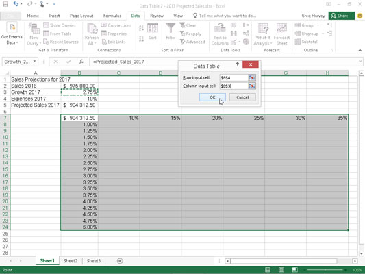 Sales projection spreadsheet with a series of possible growth and expense percentages to plug in to