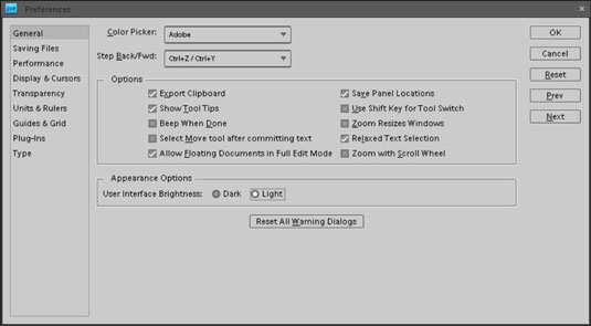 The General pane in the Preferences dialog box.