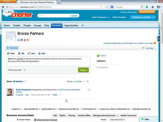 Adding Chatter comments to a Salesforce.com customer account record.
