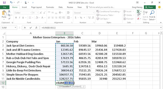 Select AutoSum in cell B12 and click Enter to total the January sales for all companies in column B.