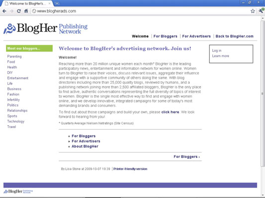 The BlogHer ad network home page.
