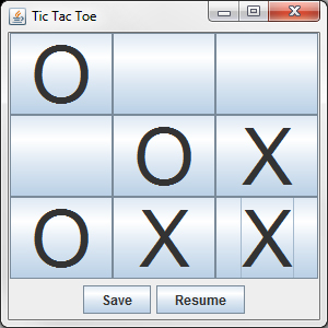 The Tic-Tac-Toe game with Save and Resume buttons.