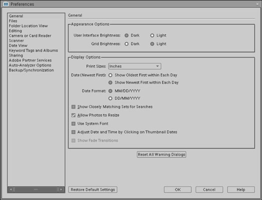 Choose Edit-->Preferences-->General to open the Organizer Preferences dialog box shown here.