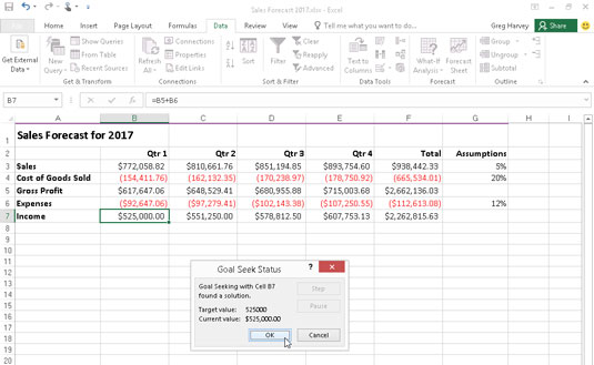 Forecast spreadsheet showing goal-seeking solution.