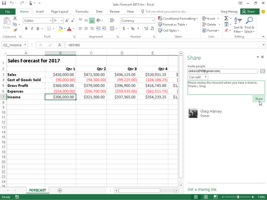 Inviting co-workers or clients to share an Excel workbook saved on your OneDrive in the Share task 