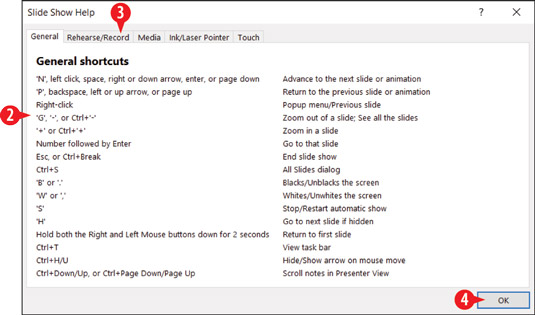 Review keyboard shortcut help during a presentation.