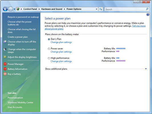 Use the Power Schemes tab in Windows XP to conserve power.