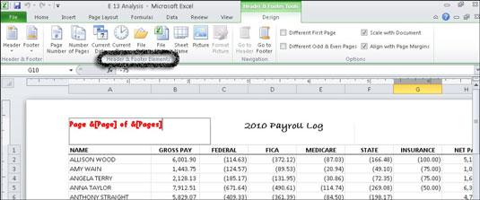 With Excel 2010, you can create a custom header or footer in the worksheet.