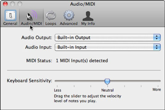 The Audio/MIDI pane detects the MIDI keyboard and lets you assign sound input and output.