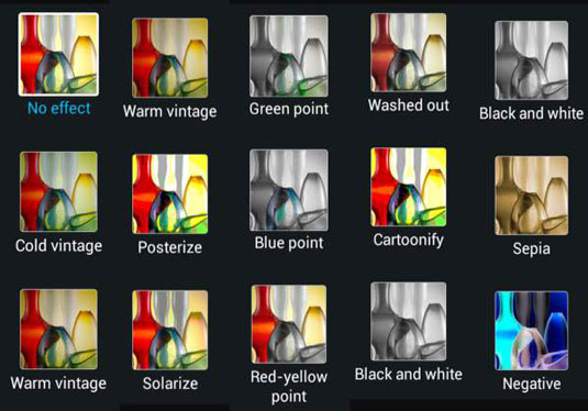 Some examples of Effects options on the Galaxy S 4 Camera.