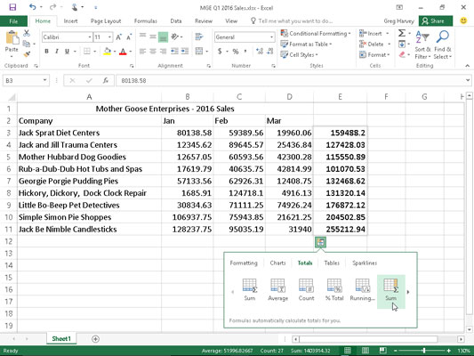 Using Totals on the Quick Analysis tool to add a row of running monthly totals or a column of quart